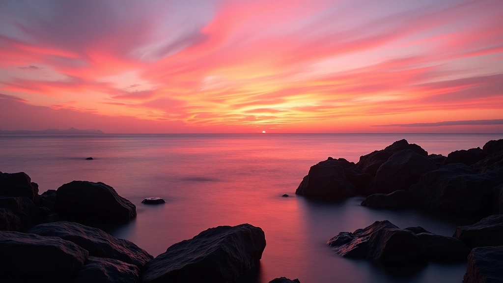 Pink and orange sunset over Atlantic Ocean with calm water and distant horizon