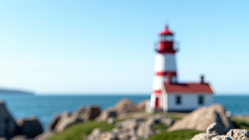 Historic lighthouse with red and white striped pattern, situated on rocky coastline with ocean and sky behind