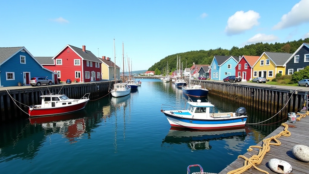 Charming coastal village with colorful buildings and fishing boats moored in harbor