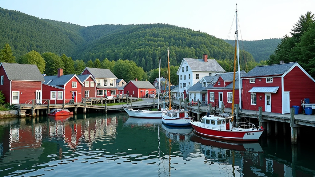 Picturesque Acadian village with colorful wooden houses and fishing boats in calm harbor water, tree-covered hills in background