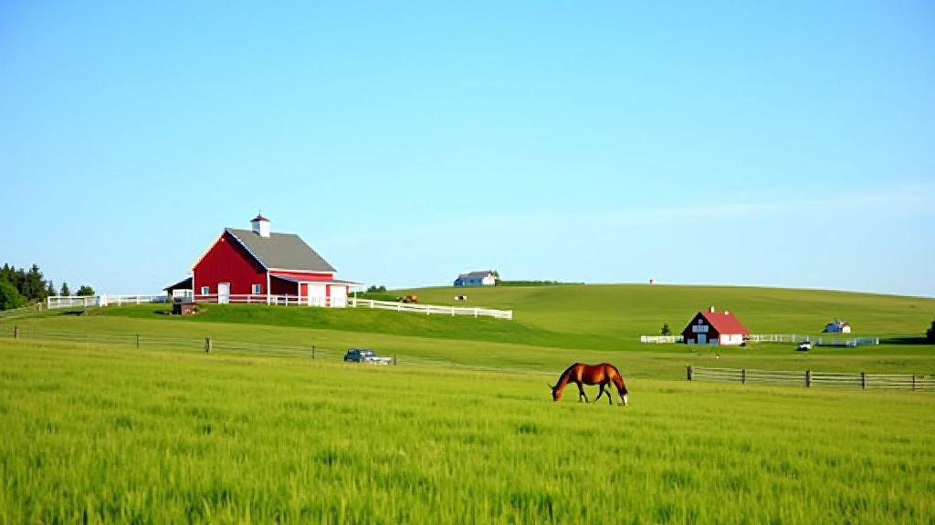 Red barn and white farmhouse nestled in green rolling hills with pasture fields, rural PEI landscape under blue sky