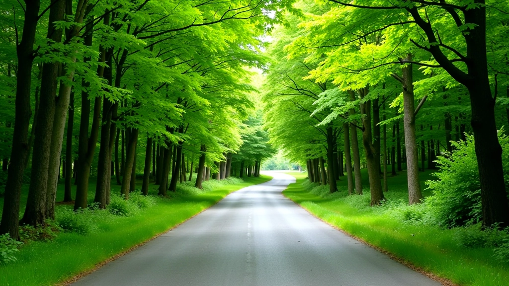 Scenic woodland road lined with tall green trees, dappled sunlight filtering through branches onto asphalt